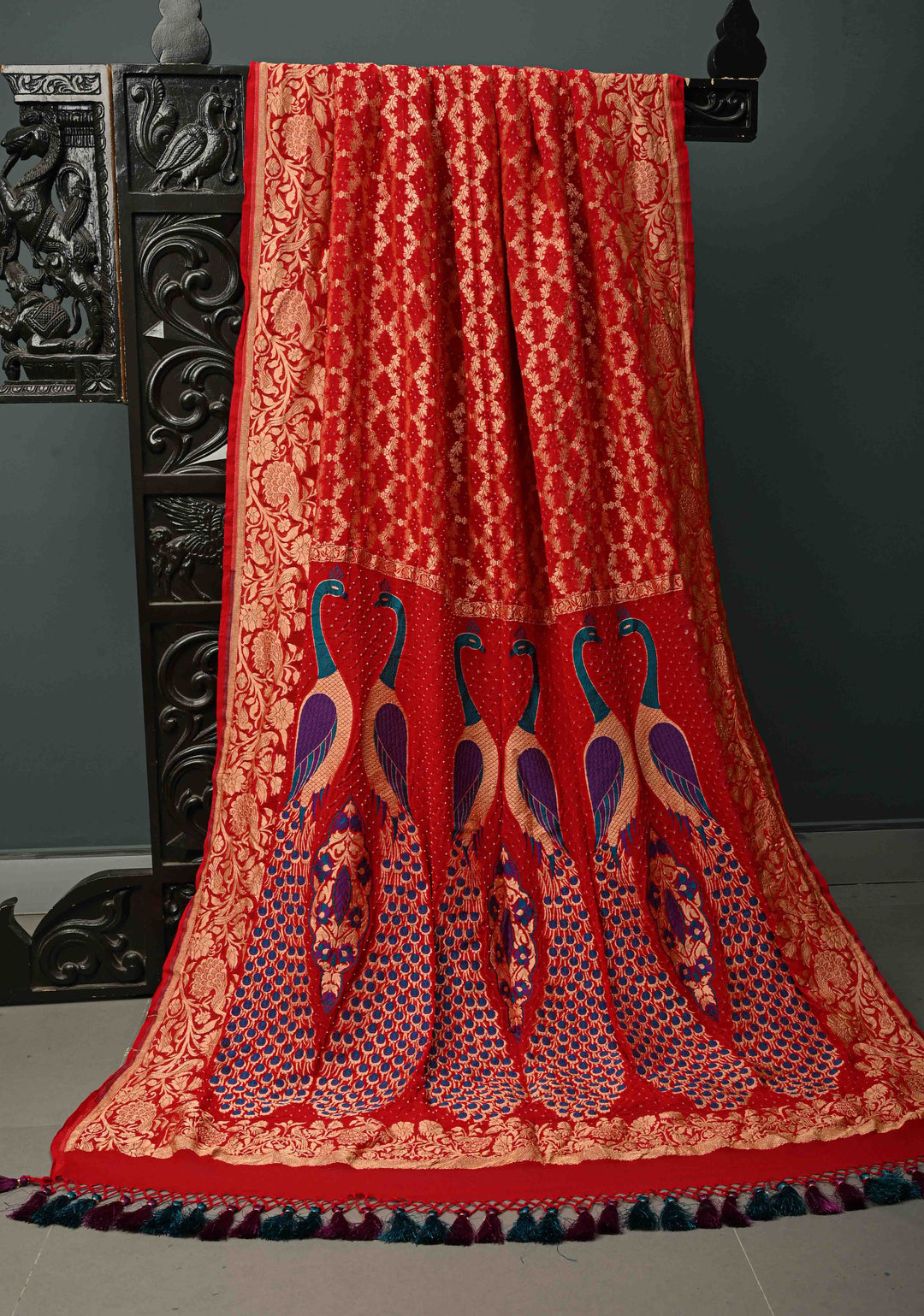 Red Banarasi Georgette Silk Saree with Zari Jaal and Resplendent Peacock Meenakari Pallu  | SILK MARK CERTIFIED | SHOBITAM