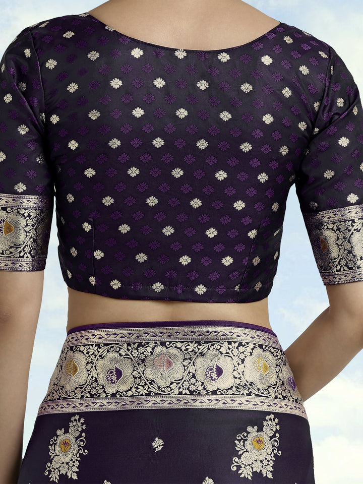 Dark Purple Zari Woven Banarasi Satin Silk Saree | SHOBITAM