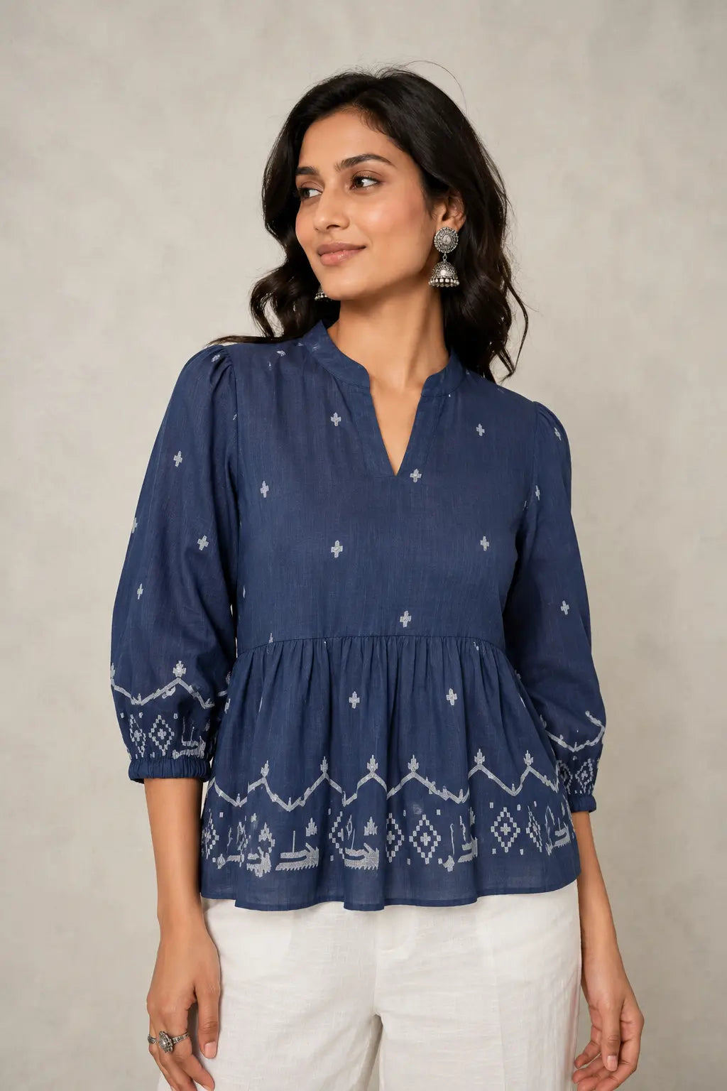 Handloom Indigo Jamdani Peplum Top | SHOBITAM