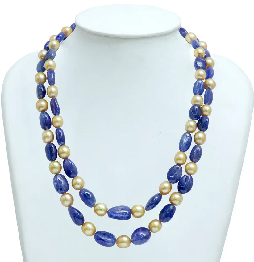 Natural Tanzanite Beads and 8.0-9.0mm Golden South Sea Pearls Necklace Set - A Quality | SHOBITAM