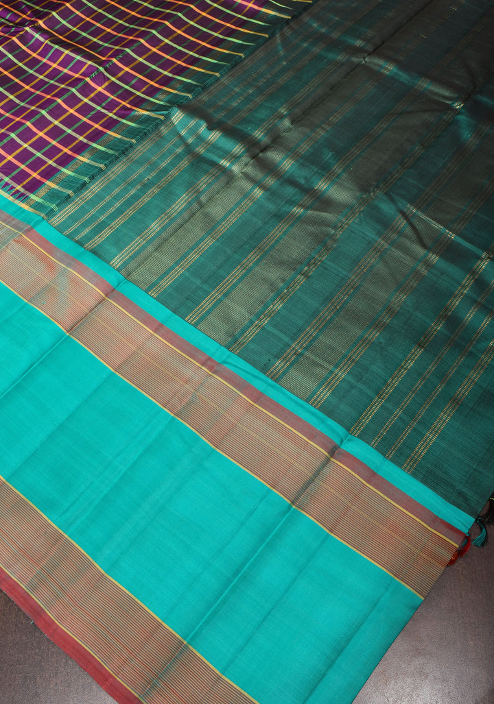 Grape Purple Kanjivaram Pure Silk Saree with Multicolor Checks and 15" Border | SILK MARK CERTIFIED