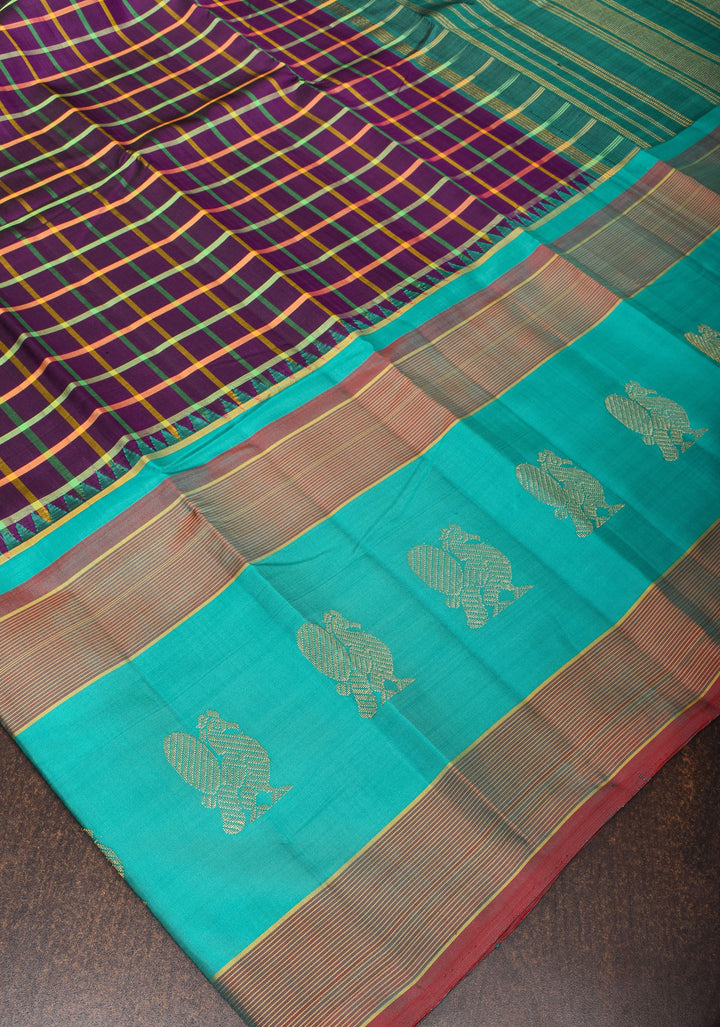 Grape Purple Kanjivaram Pure Silk Saree with Multicolor Checks and 15" Border | SILK MARK CERTIFIED