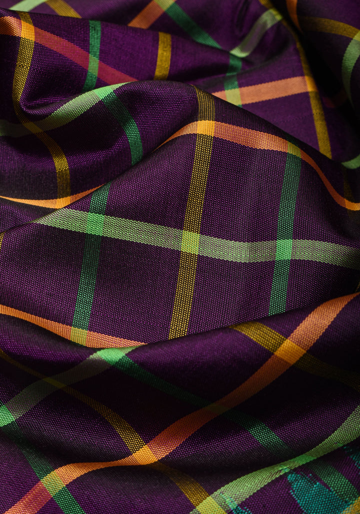 Grape Purple Kanjivaram Pure Silk Saree with Multicolor Checks and 15" Border | SILK MARK CERTIFIED