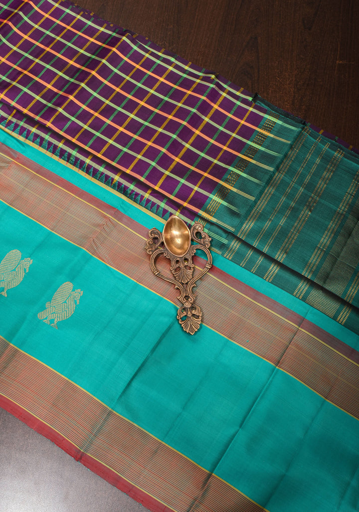 Grape Purple Kanjivaram Pure Silk Saree with Multicolor Checks and 15" Border | SILK MARK CERTIFIED