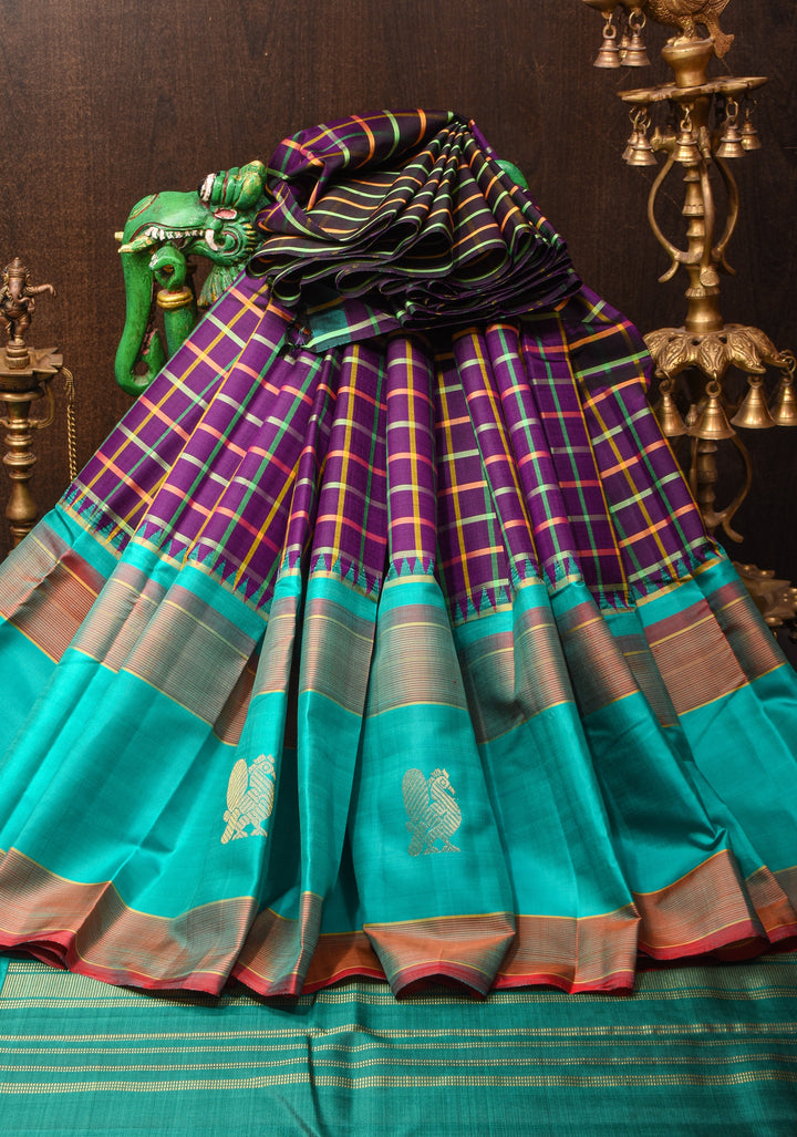 Grape Purple Kanjivaram Pure Silk Saree with Multicolor Checks and 15" Border | SILK MARK CERTIFIED