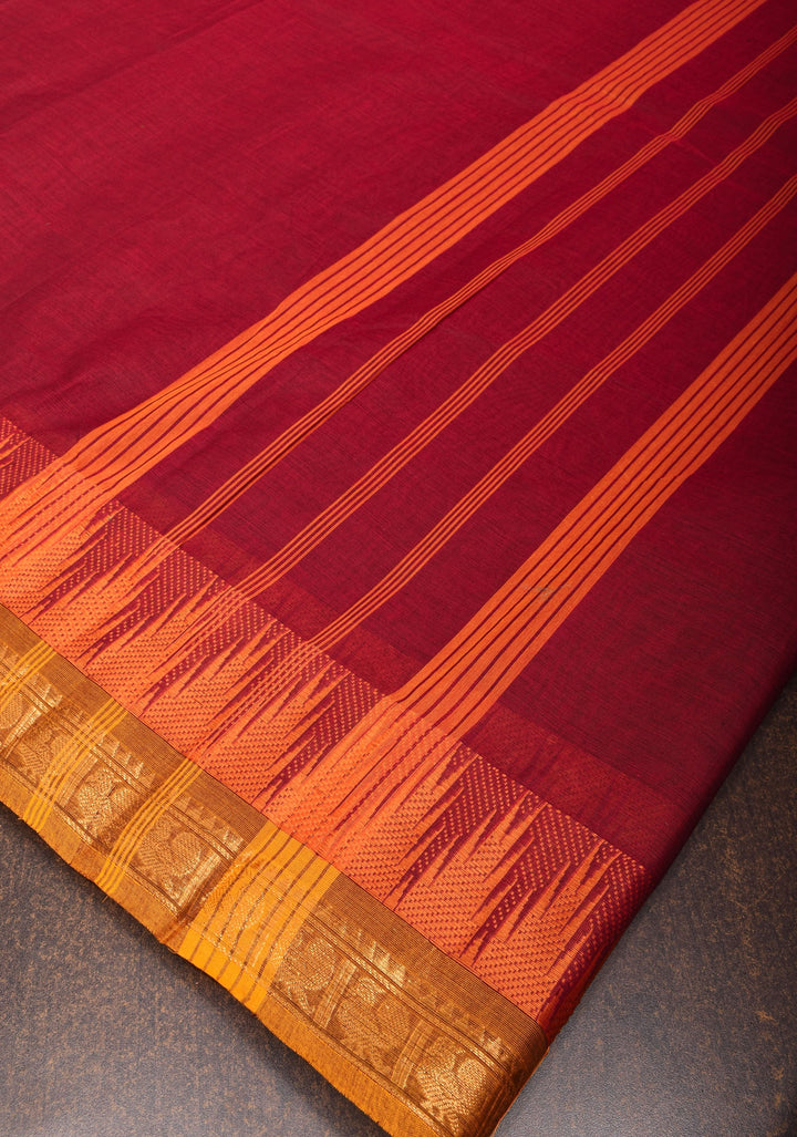 Cotton Saree in Maroon with Contrast Temple Zari Border No Blouse Piece