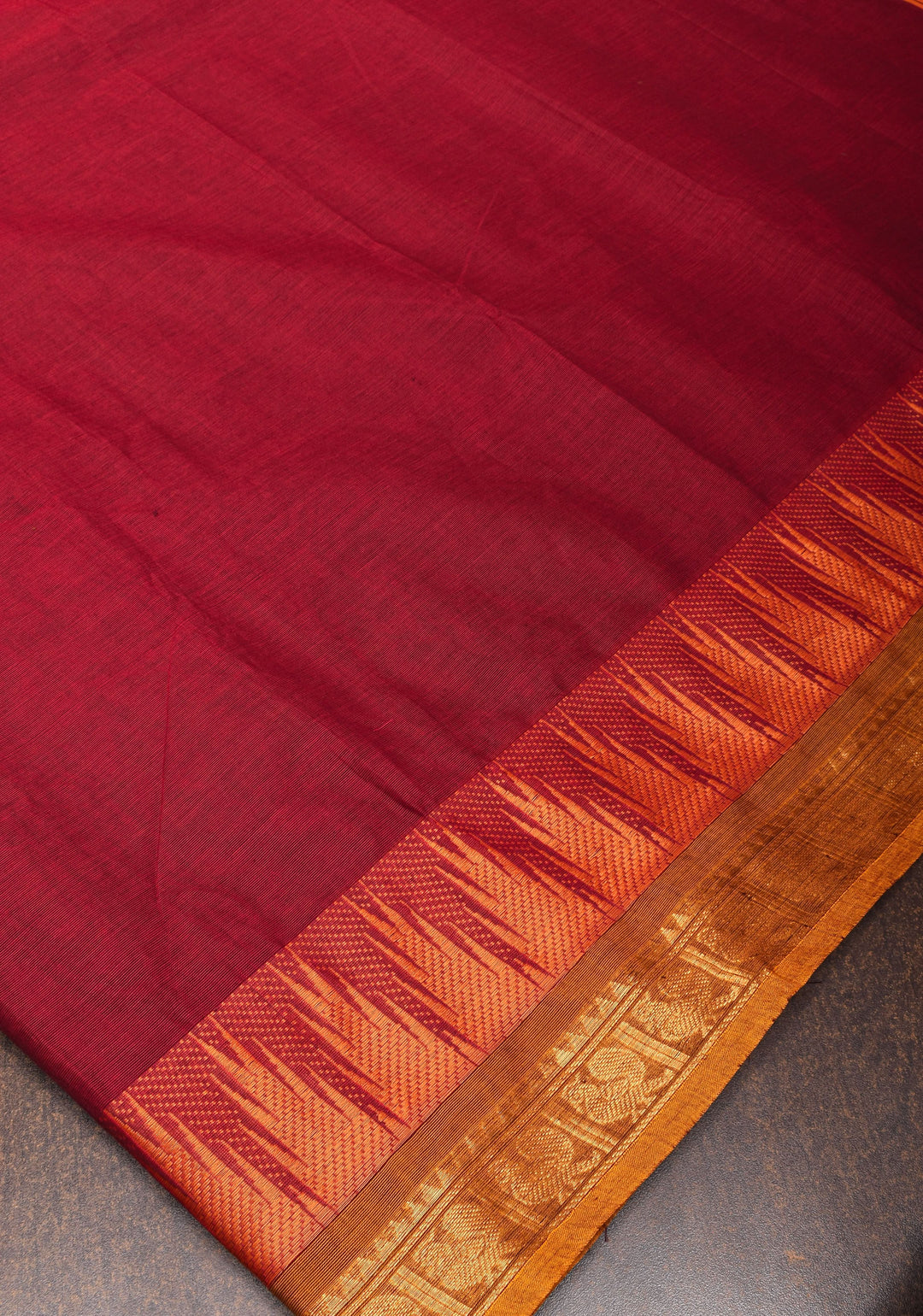 Cotton Saree in Maroon with Contrast Temple Zari Border No Blouse Piece