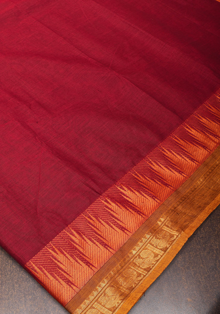 Cotton Saree in Maroon with Contrast Temple Zari Border No Blouse Piece