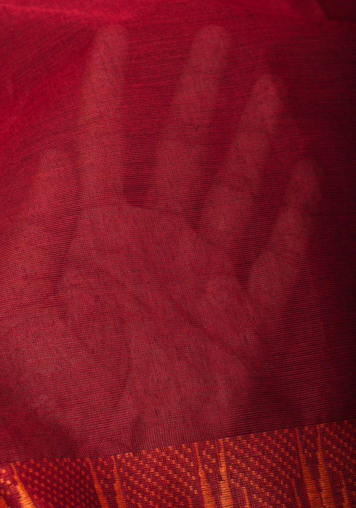 Cotton Saree in Maroon with Contrast Temple Zari Border No Blouse Piece