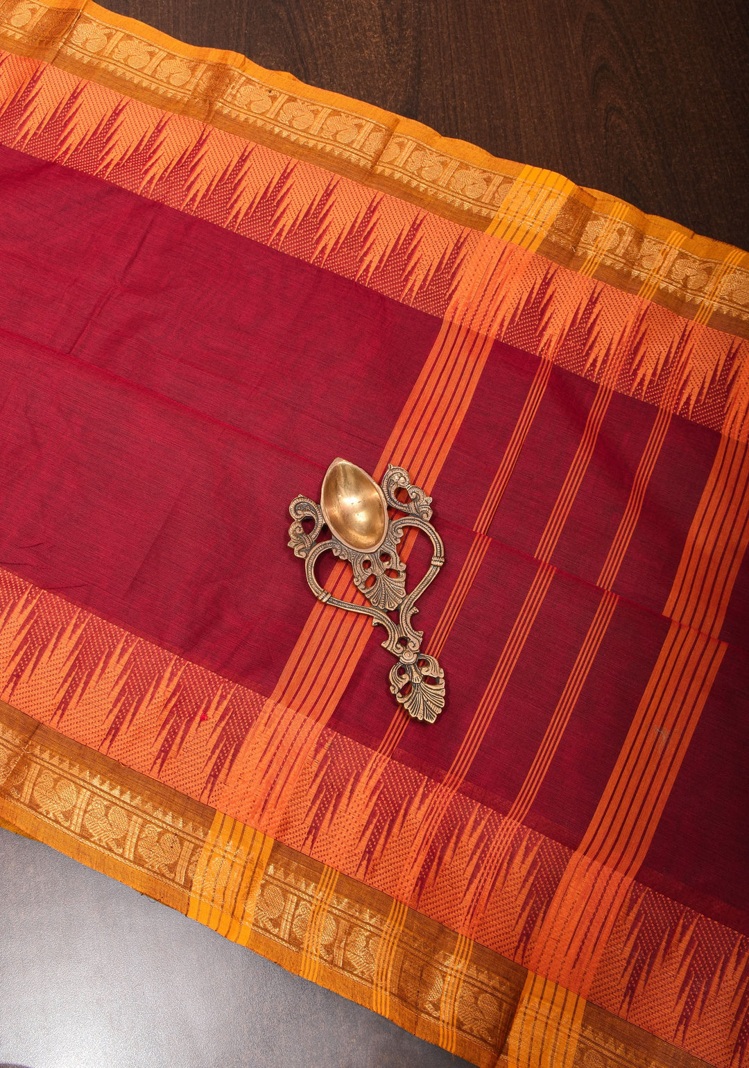 Cotton Saree in Maroon with Contrast Temple Zari Border No Blouse Piece