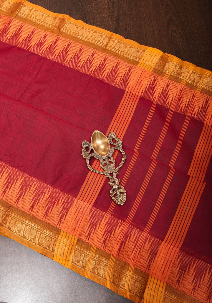 Cotton Saree in Maroon with Contrast Temple Zari Border No Blouse Piece
