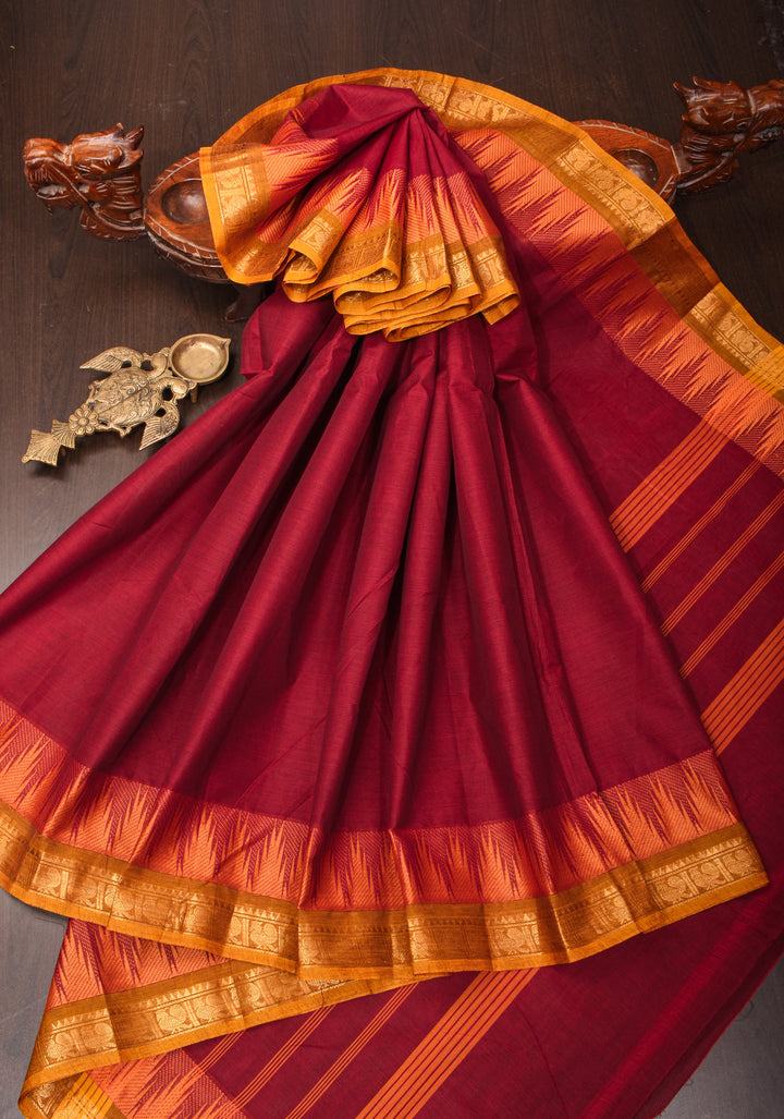 Cotton Saree in Maroon with Contrast Temple Zari Border No Blouse Piece