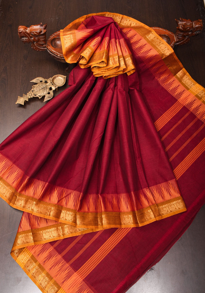 Cotton Saree in Maroon with Contrast Temple Zari Border No Blouse Piece