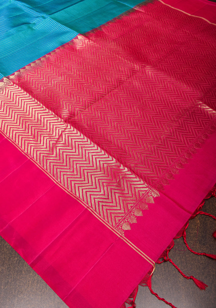 Peacock Blue and Green Dual Tone  Soft Silk Kanjivaram  Saree with Vertical Zari Stripes and Pink Contrast Border | SILK MARK CERTIFIED