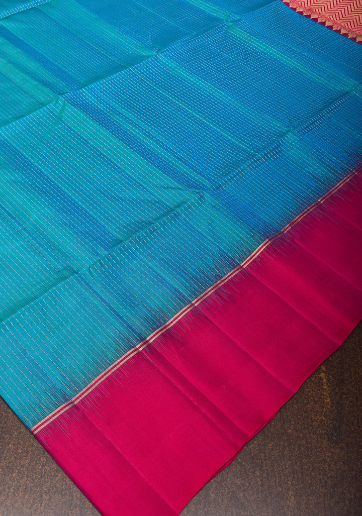 Peacock Blue and Green Dual Tone  Soft Silk Kanjivaram  Saree with Vertical Zari Stripes and Pink Contrast Border | SILK MARK CERTIFIED
