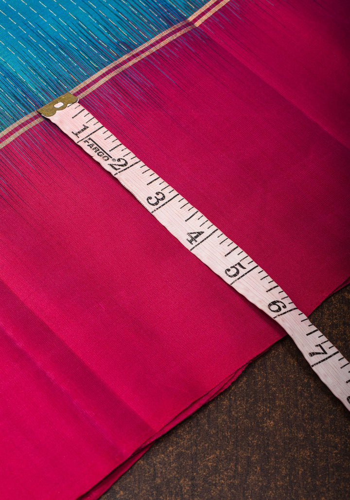 Peacock Blue and Green Dual Tone  Soft Silk Kanjivaram  Saree with Vertical Zari Stripes and Pink Contrast Border | SILK MARK CERTIFIED