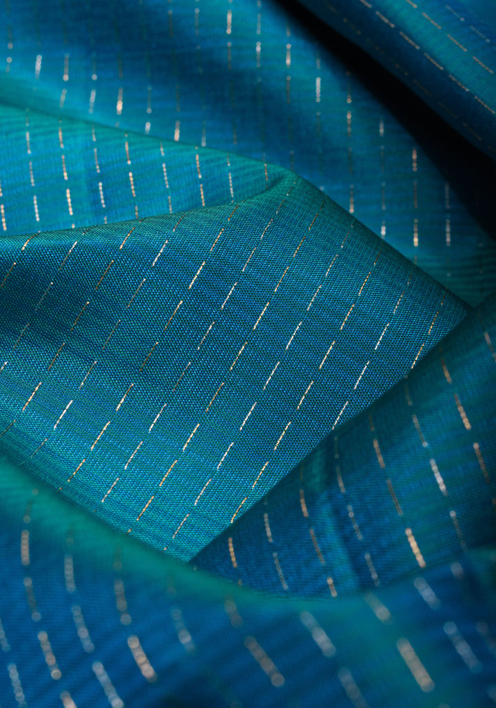Peacock Blue and Green Dual Tone  Soft Silk Kanjivaram  Saree with Vertical Zari Stripes and Pink Contrast Border | SILK MARK CERTIFIED