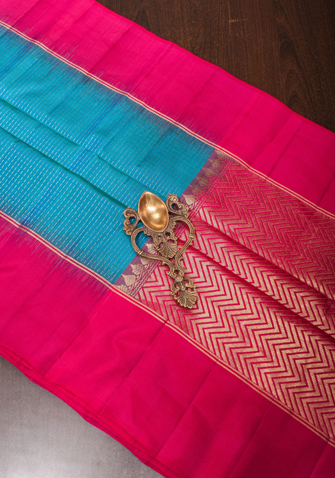 Peacock Blue and Green Dual Tone  Soft Silk Kanjivaram  Saree with Vertical Zari Stripes and Pink Contrast Border | SILK MARK CERTIFIED