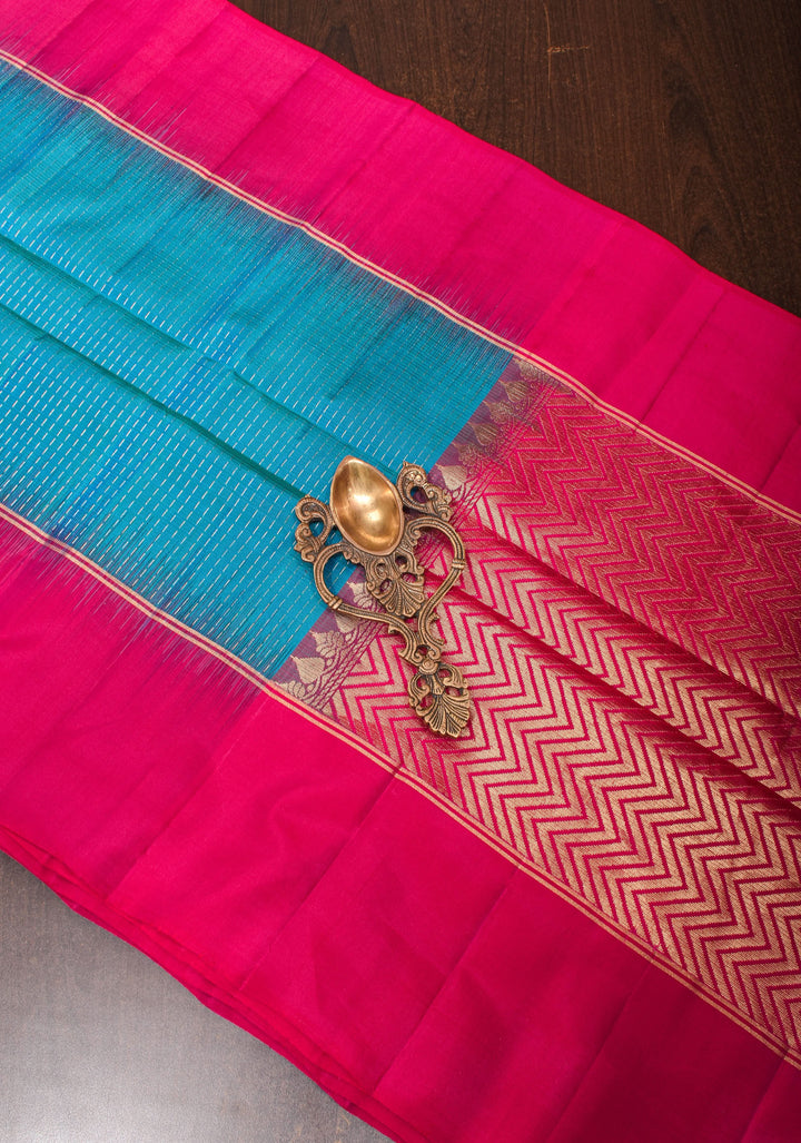 Peacock Blue and Green Dual Tone  Soft Silk Kanjivaram  Saree with Vertical Zari Stripes and Pink Contrast Border | SILK MARK CERTIFIED