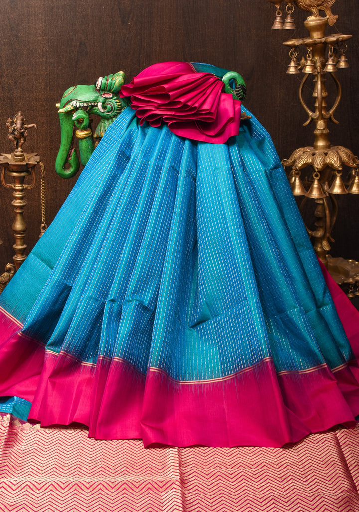 Peacock Blue and Green Dual Tone  Soft Silk Kanjivaram  Saree with Vertical Zari Stripes and Pink Contrast Border | SILK MARK CERTIFIED