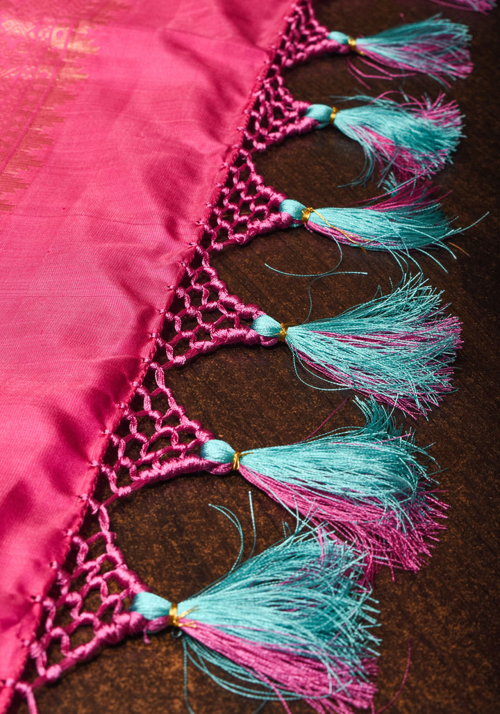 Exquisite Sea Green Kanjivaram Soft Silk Saree with Pink Pallu and Tissue Zari Border| SILK MARK CERTIFIED