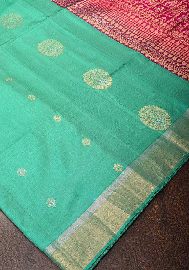 Exquisite Sea Green Kanjivaram Soft Silk Saree with Pink Pallu and Tissue Zari Border| SILK MARK CERTIFIED
