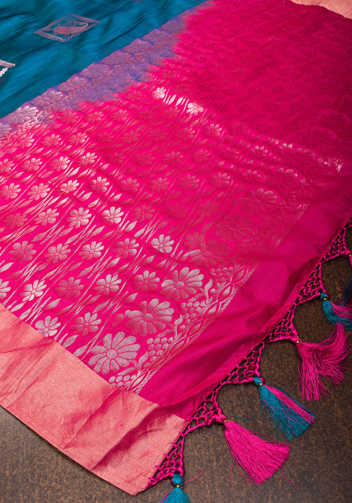 Peacock Blue Meenakari Kanjivaram Soft Silk Saree with Zari Motifs and Zari Border | SILK MARK CERTIFIED