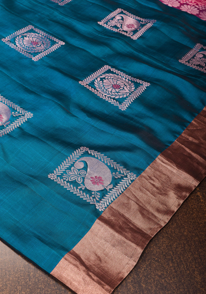 Peacock Blue Meenakari Kanjivaram Soft Silk Saree with Zari Motifs and Zari Border | SILK MARK CERTIFIED