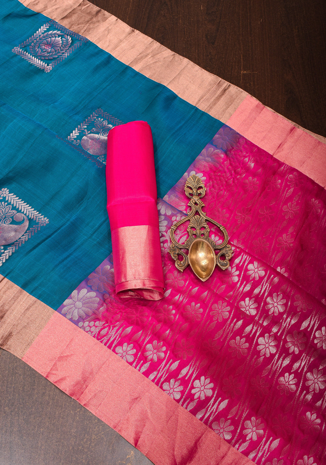 Peacock Blue Meenakari Kanjivaram Soft Silk Saree with Zari Motifs and Zari Border | SILK MARK CERTIFIED