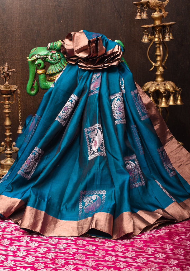 Peacock Blue Meenakari Kanjivaram Soft Silk Saree with Zari Motifs and Zari Border | SILK MARK CERTIFIED