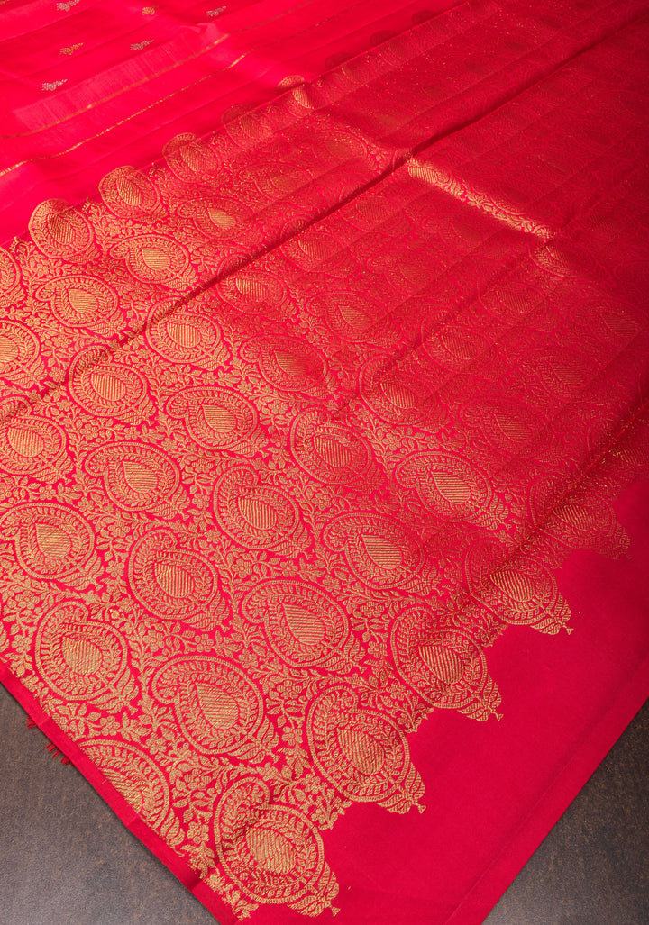 Borderless Pinkish Red  Kanjivaram Silk Saree with Banarasi inspired meenakari Motifs | SILK MARK CERTIFIED