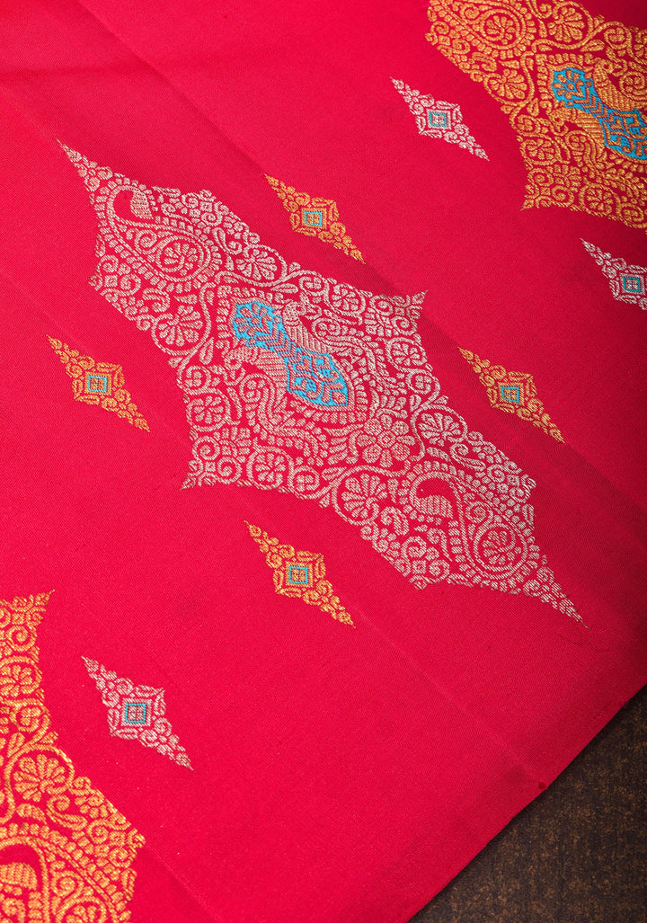 Borderless Pinkish Red  Kanjivaram Silk Saree with Banarasi inspired meenakari Motifs | SILK MARK CERTIFIED