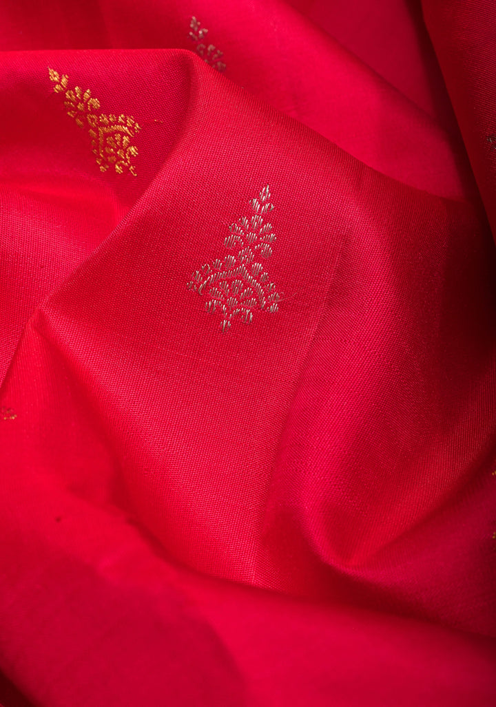 Borderless Pinkish Red  Kanjivaram Silk Saree with Banarasi inspired meenakari Motifs | SILK MARK CERTIFIED