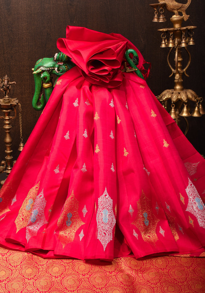 Borderless Pinkish Red  Kanjivaram Silk Saree with Banarasi inspired meenakari Motifs | SILK MARK CERTIFIED