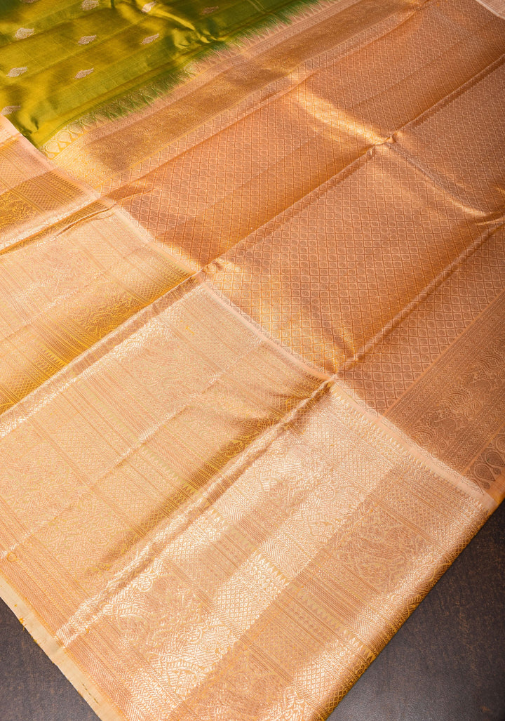 Olive Green Kora Kanjivaram Silk Saree with Sona Rupa Motifs and Zari 13" Border, Grand Pallu | SILK MARK CERTIFIED
