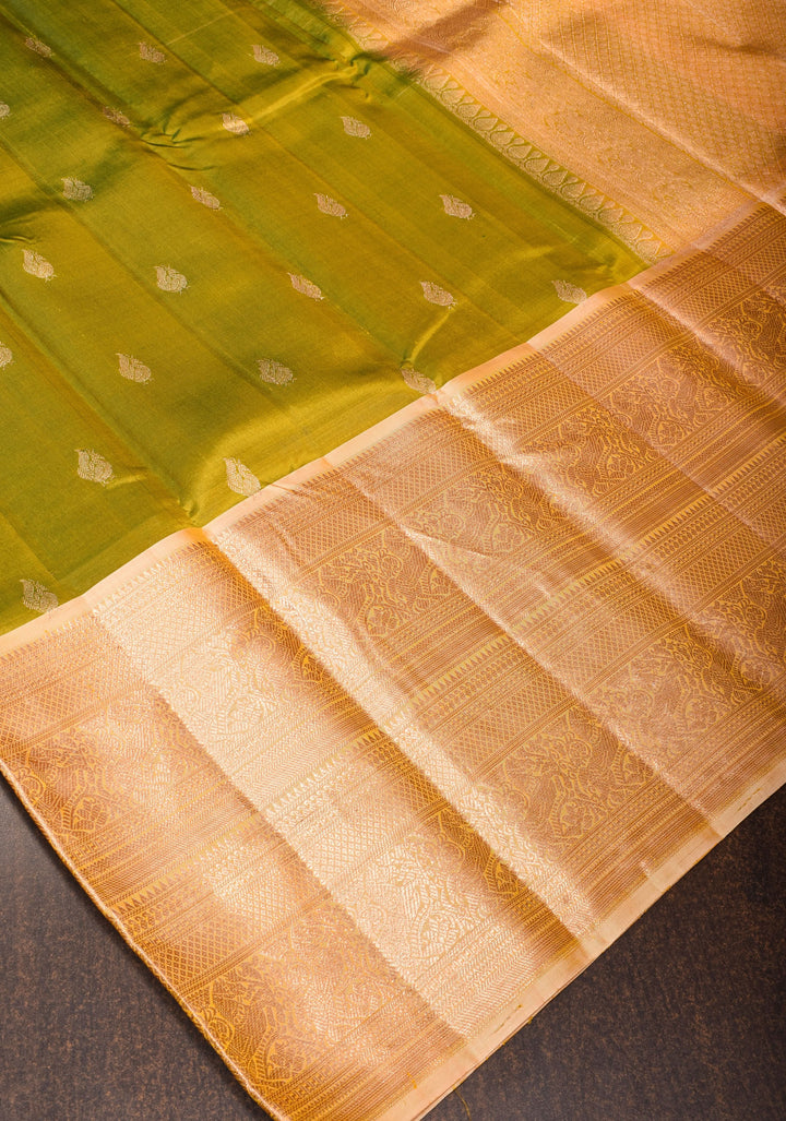 Olive Green Kora Kanjivaram Silk Saree with Sona Rupa Motifs and Zari 13" Border, Grand Pallu | SILK MARK CERTIFIED
