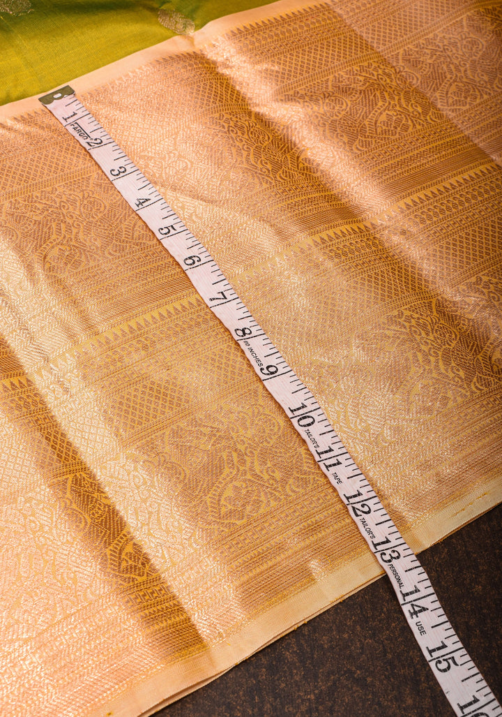Olive Green Kora Kanjivaram Silk Saree with Sona Rupa Motifs and Zari 13" Border, Grand Pallu | SILK MARK CERTIFIED