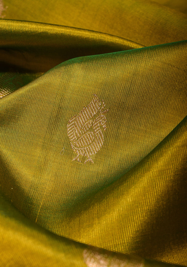 Olive Green Kora Kanjivaram Silk Saree with Sona Rupa Motifs and Zari 13" Border, Grand Pallu | SILK MARK CERTIFIED