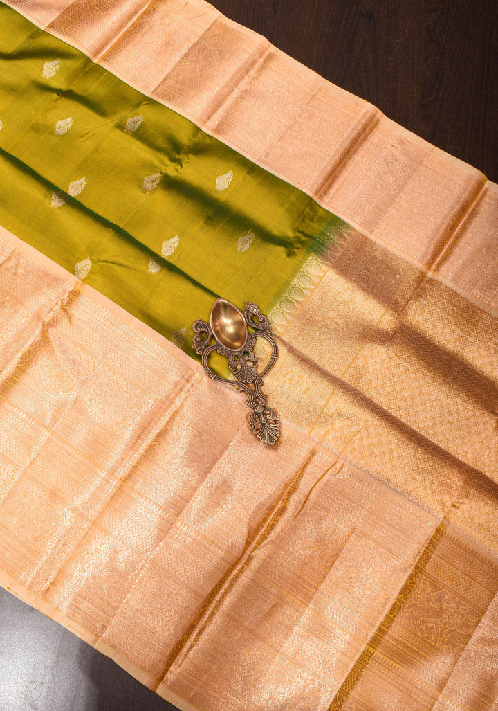 Olive Green Kora Kanjivaram Silk Saree with Sona Rupa Motifs and Zari 13" Border, Grand Pallu | SILK MARK CERTIFIED