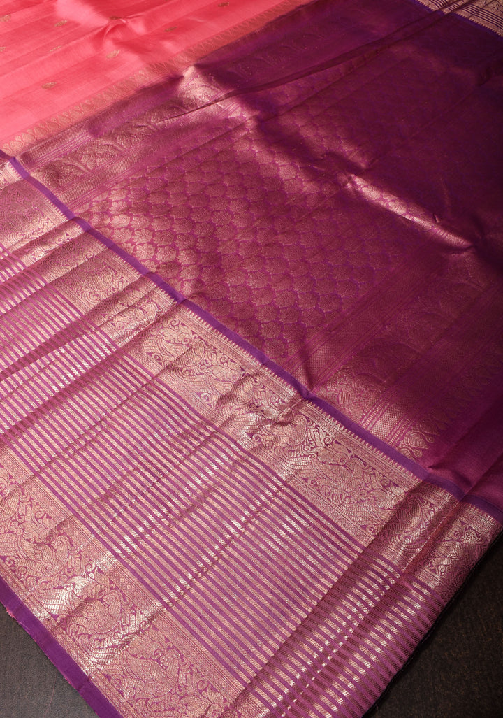 Pink Kora Kanjivaram Silk Saree with Zari Motifs and Zari 13" Border, Grand Pallu | SILK MARK CERTIFIED