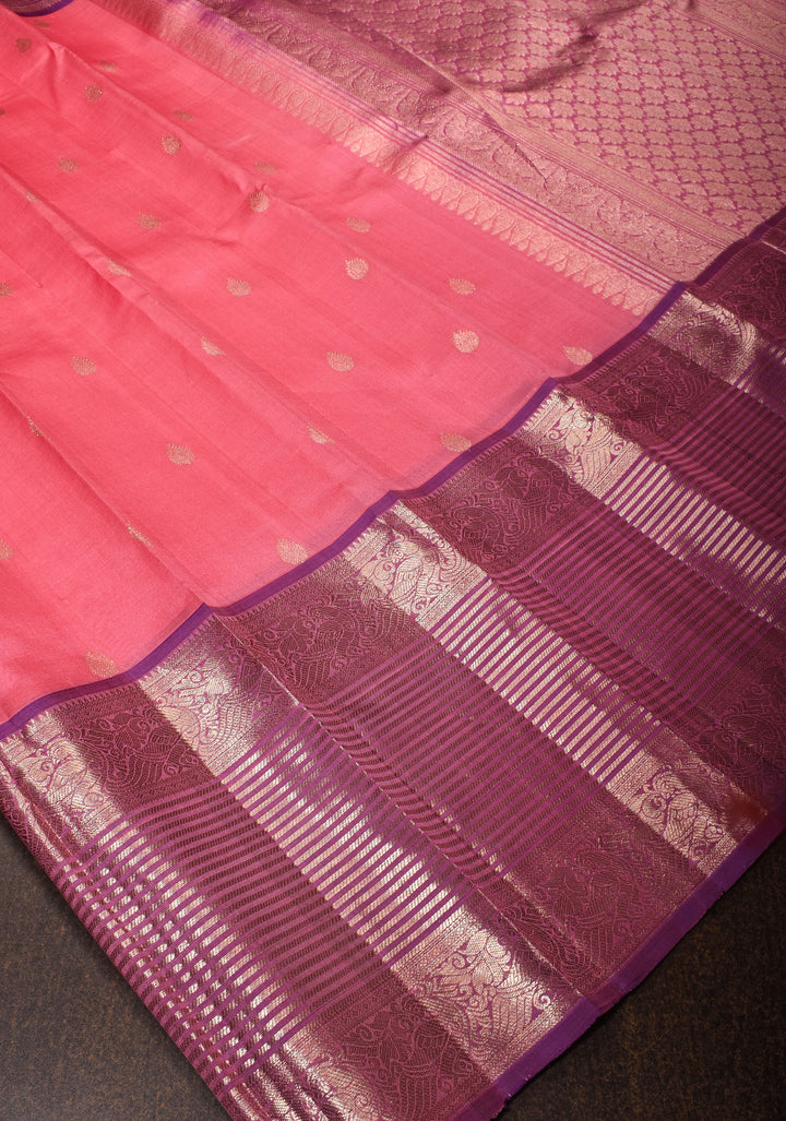 Pink Kora Kanjivaram Silk Saree with Zari Motifs and Zari 13" Border, Grand Pallu | SILK MARK CERTIFIED