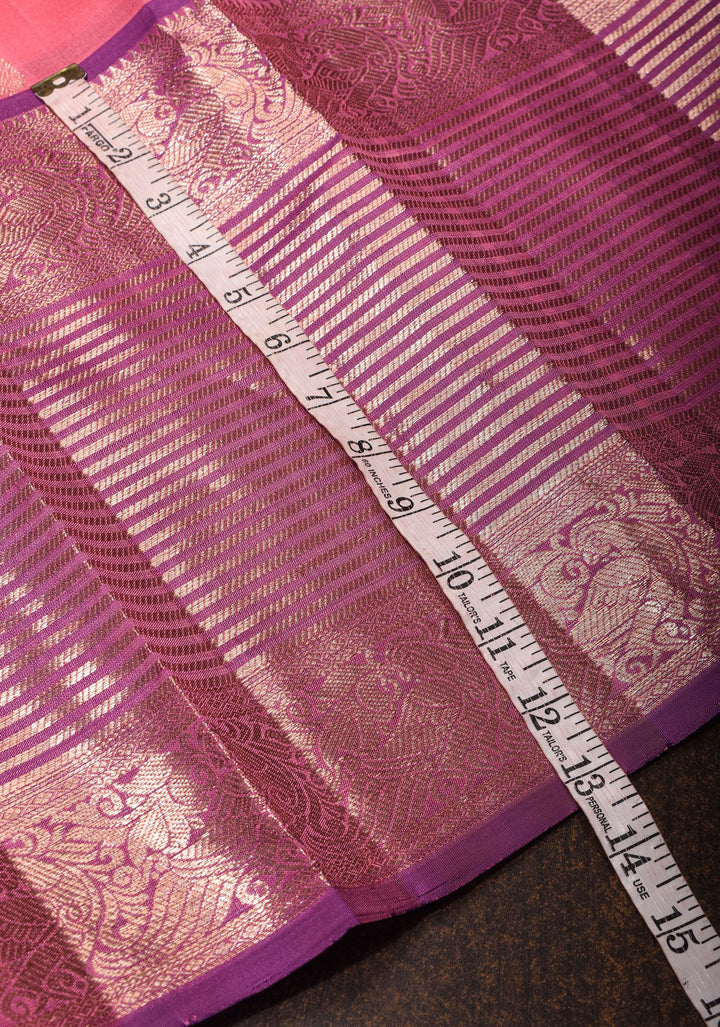Pink Kora Kanjivaram Silk Saree with Zari Motifs and Zari 13" Border, Grand Pallu | SILK MARK CERTIFIED