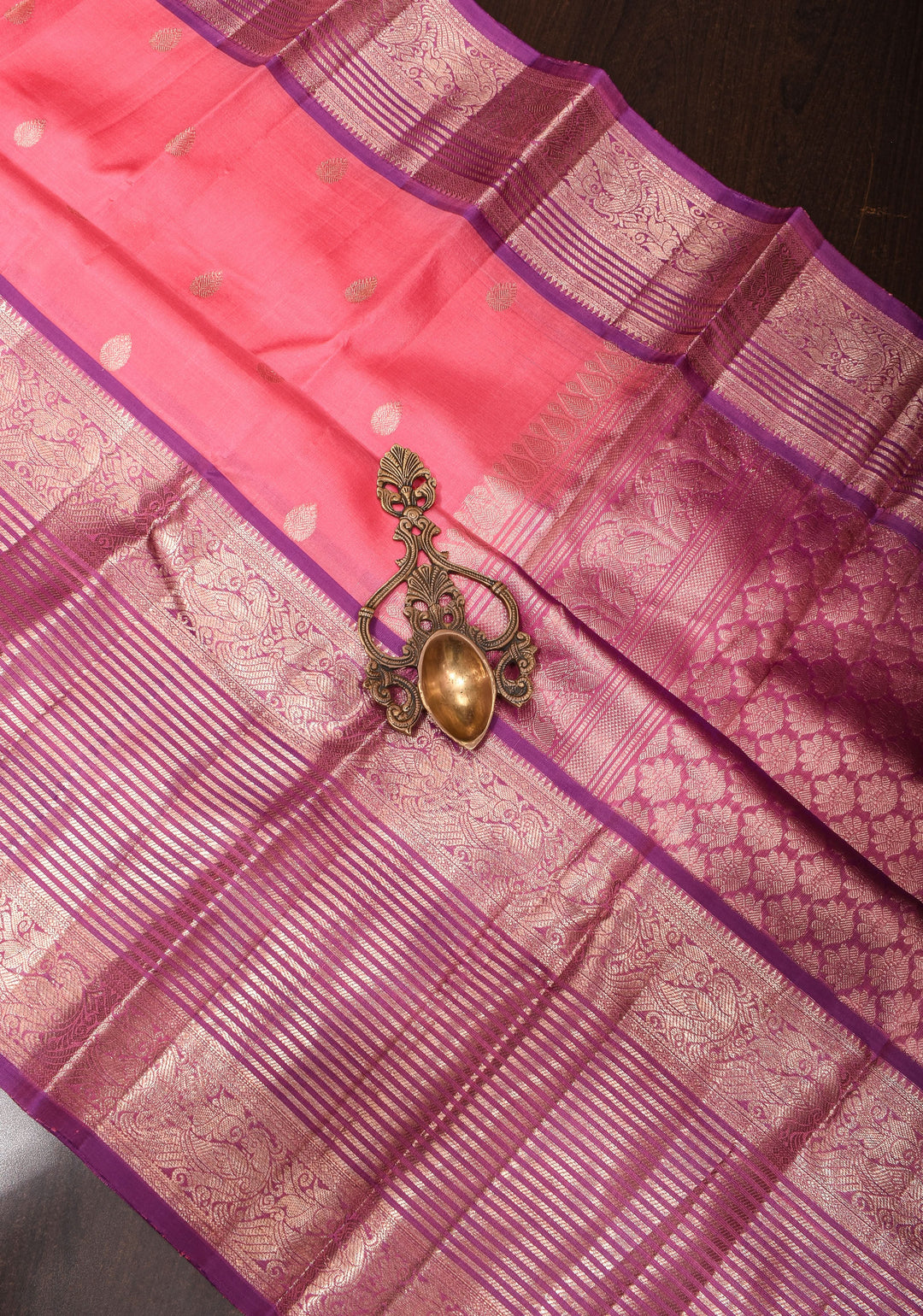 Pink Kora Kanjivaram Silk Saree with Zari Motifs and Zari 13" Border, Grand Pallu | SILK MARK CERTIFIED