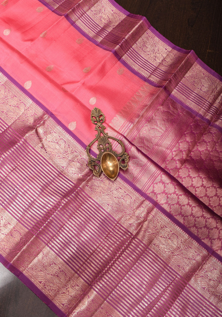 Pink Kora Kanjivaram Silk Saree with Zari Motifs and Zari 13" Border, Grand Pallu | SILK MARK CERTIFIED