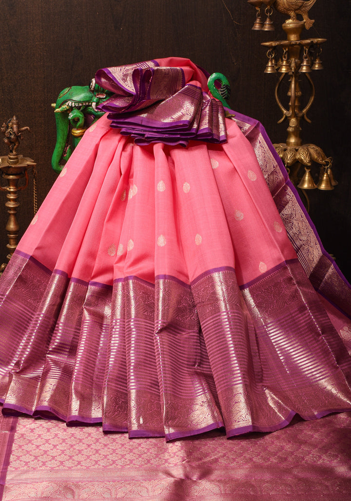 Pink Kora Kanjivaram Silk Saree with Zari Motifs and Zari 13" Border, Grand Pallu | SILK MARK CERTIFIED