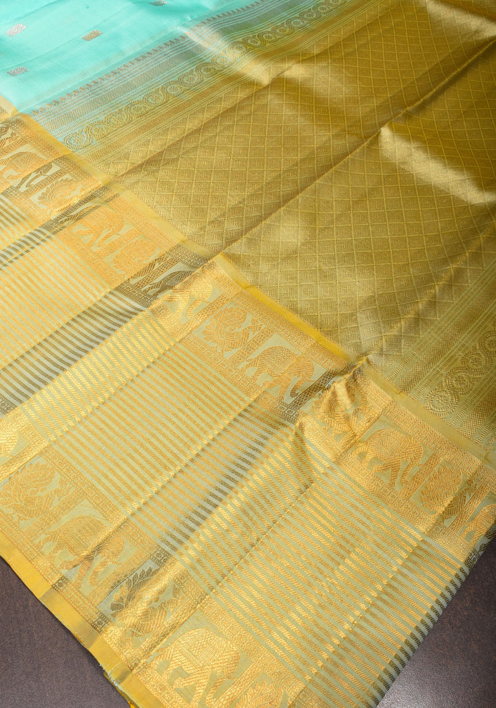 Cyan Kora Kanjivaram Silk Saree with Sona Rupa Motifs and Zari 13" Border, Grand Pallu | SILK MARK CERTIFIED