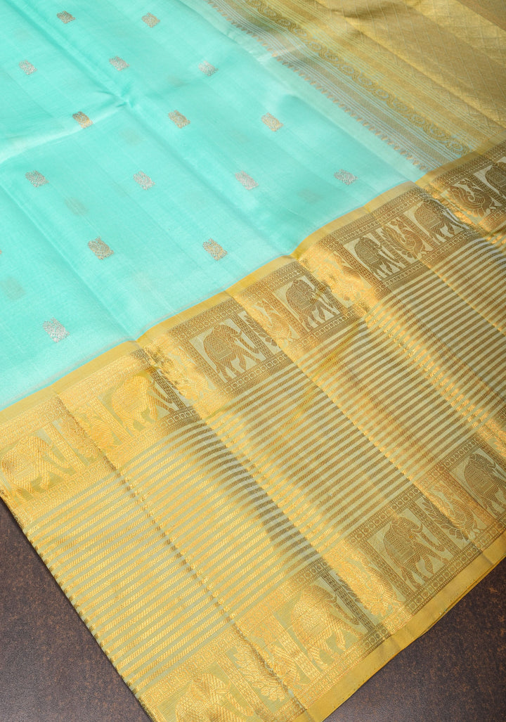 Cyan Kora Kanjivaram Silk Saree with Sona Rupa Motifs and Zari 13" Border, Grand Pallu | SILK MARK CERTIFIED