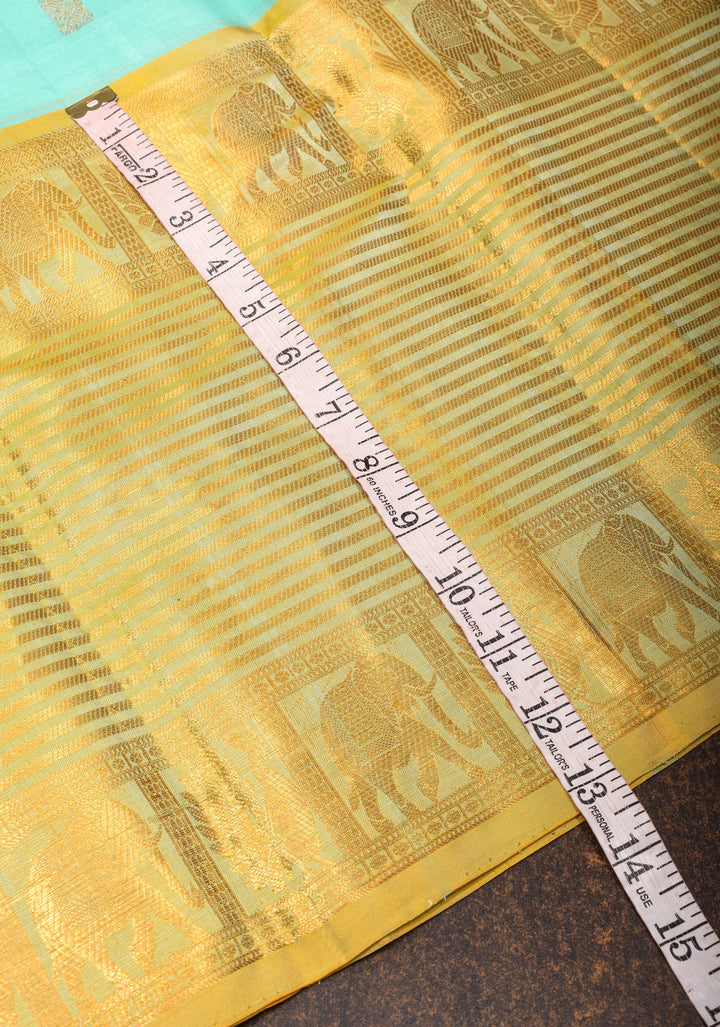 Cyan Kora Kanjivaram Silk Saree with Sona Rupa Motifs and Zari 13" Border, Grand Pallu | SILK MARK CERTIFIED