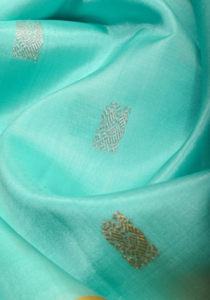 Cyan Kora Kanjivaram Silk Saree with Sona Rupa Motifs and Zari 13" Border, Grand Pallu | SILK MARK CERTIFIED