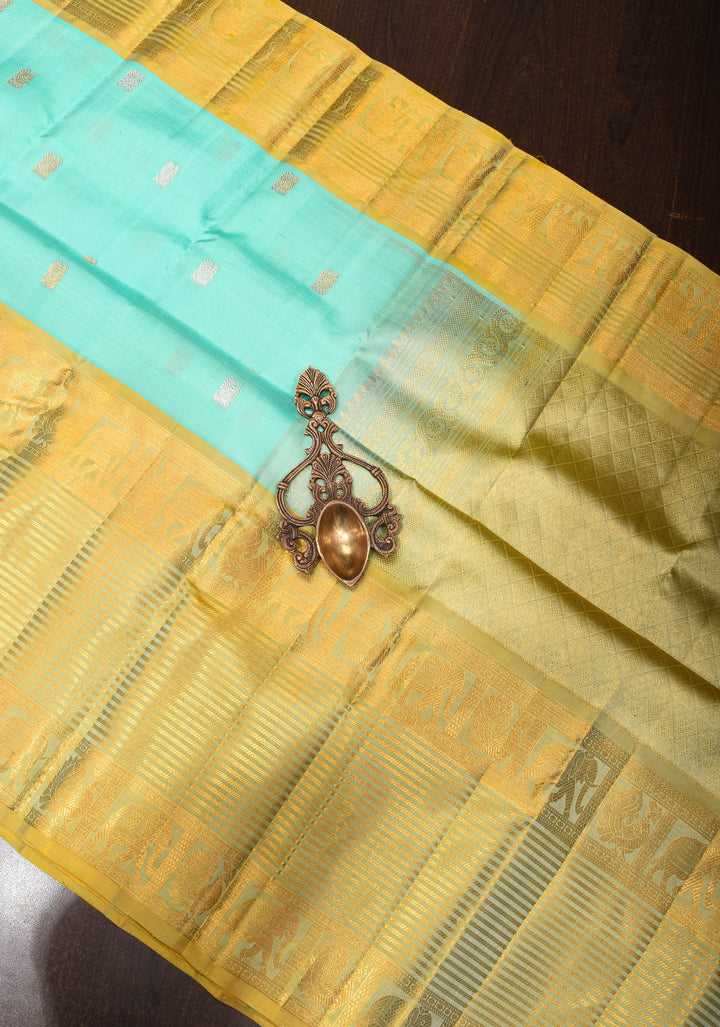 Cyan Kora Kanjivaram Silk Saree with Sona Rupa Motifs and Zari 13" Border, Grand Pallu | SILK MARK CERTIFIED